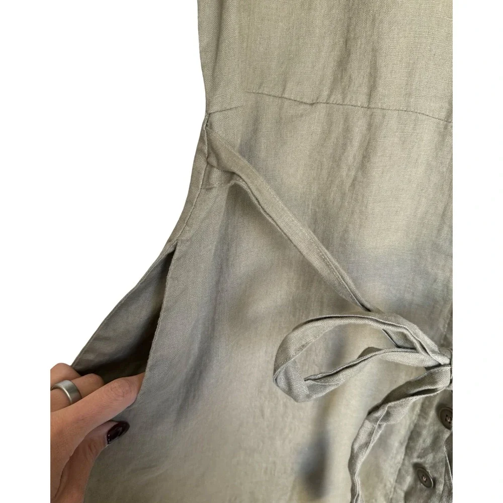 Quince Linen Button Front Shirt Dress Olive Green Short Sleeve Tie Waist XL